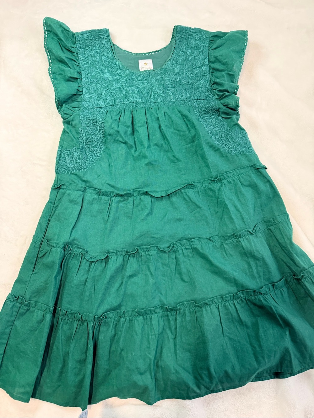 J.Marie Women’s Green Embroidered Tiered Flutter-Sleeve Dress 100% Cotton